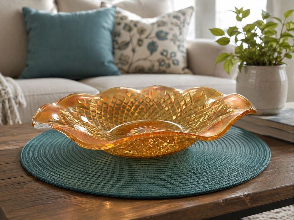 Marigold Carnival Glass Large Serving BOWL Diamond Pattern Ruffle Edge Shimmer